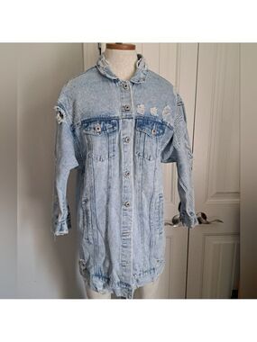 HIGHWAY JEANS long jean jacket DISTRESSED denim faded western festival grunge M